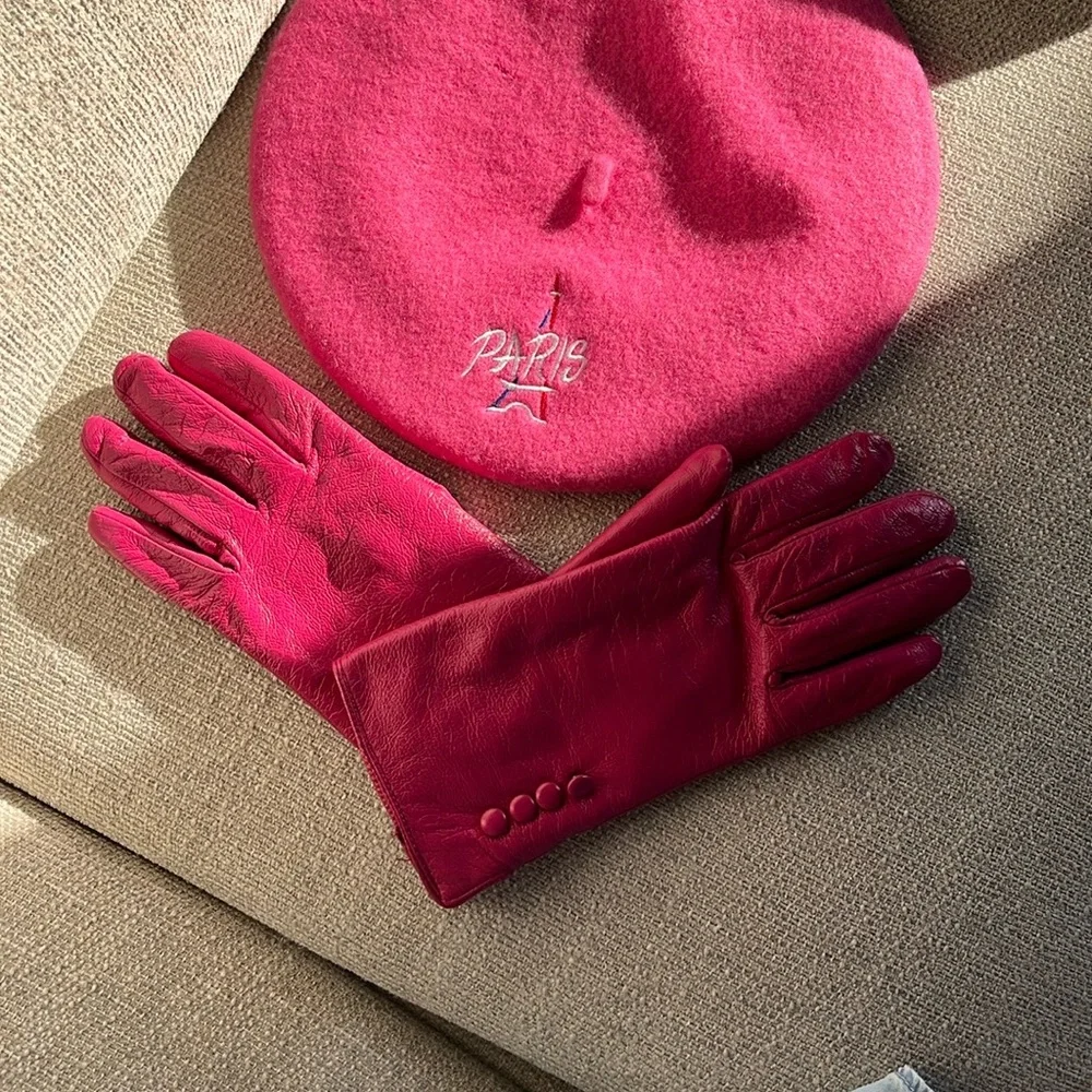 🩷💜Paris Pink Beret and Gloves Set sz M-L - Picture 8 of 12